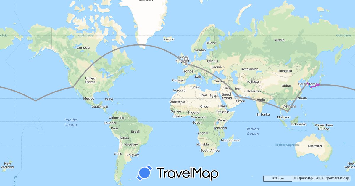 TravelMap itinerary: driving, plane, train, boat in United Arab Emirates, China, United Kingdom, Japan, South Korea, Qatar, United States, Vietnam (Asia, Europe, North America)